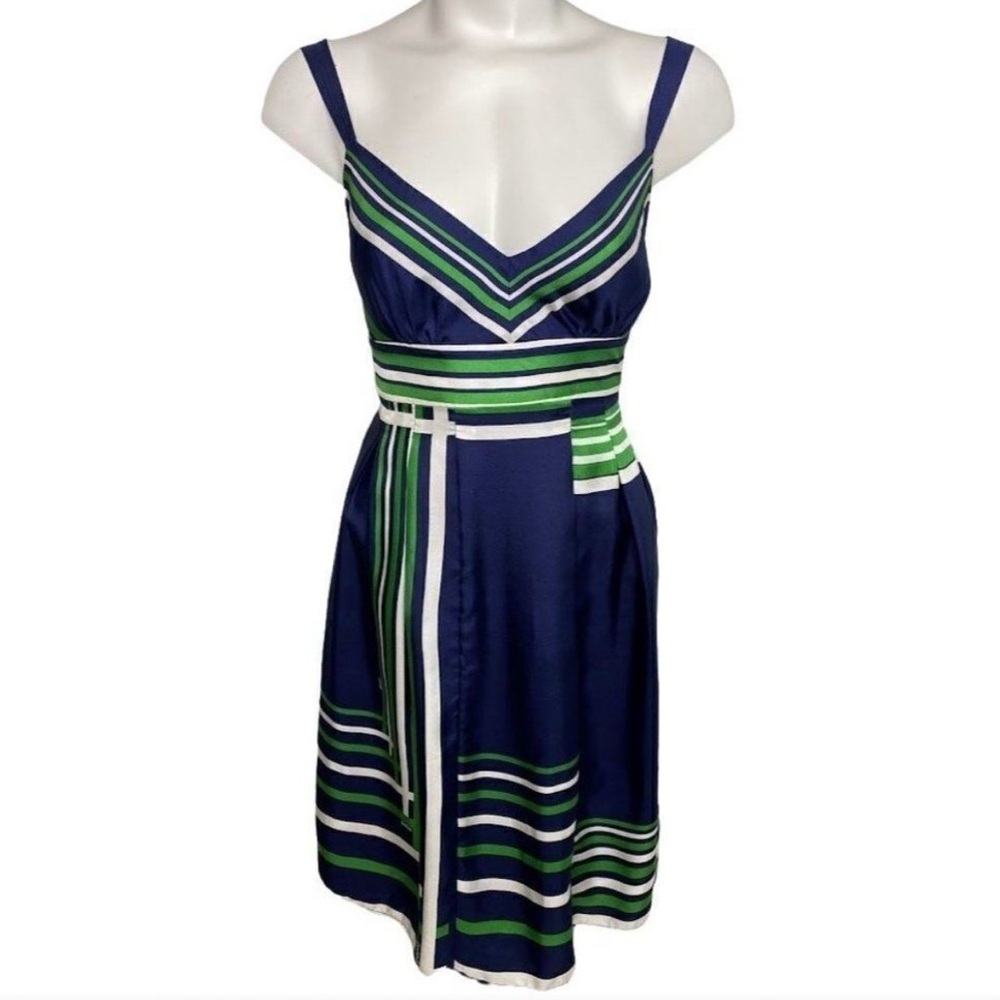 Guess Jeans 100% Silk Striped Sleeveless V Neck Dress Size 6 Navy Green